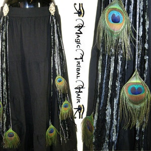 GOTHIC Tribal Fusion belt tassel clip PEACOCK FEATHER yarn fall Steampunk Belly Dance hair piece Goth hair accessory Larp Cosplay costume