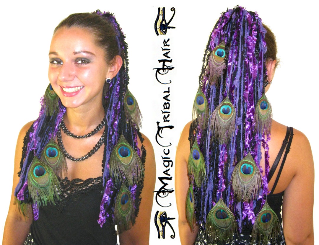 Purple YARN Hair FALLS With PEACOCK Feathers Tribal Fusion Etsy