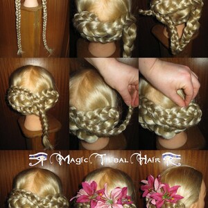 May include: A step-by-step tutorial showing how to braid hair into a crown braid hairstyle. The model has blonde hair and is wearing a simple braid crown with pink flowers.