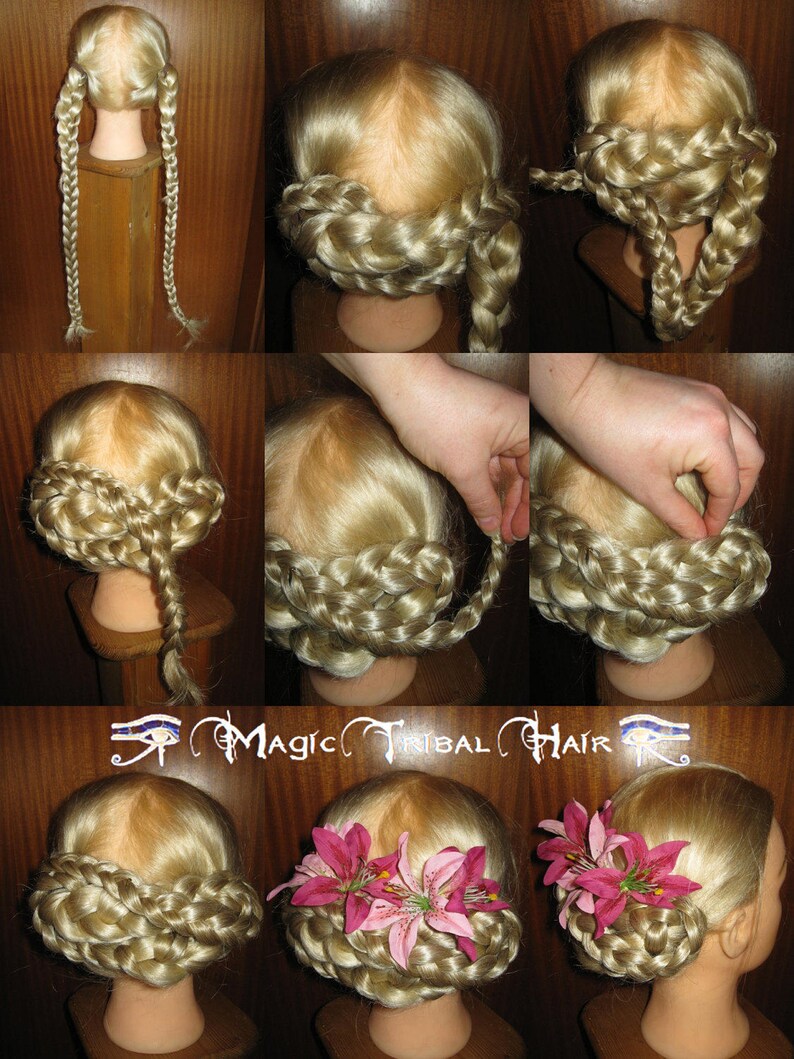 May include: A step-by-step tutorial showing how to braid hair into a crown braid hairstyle. The model has blonde hair and is wearing a simple braid crown with pink flowers.