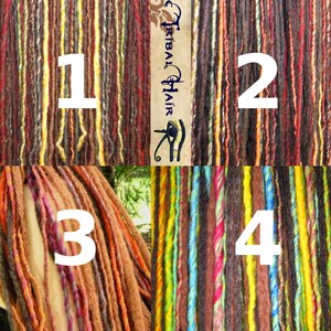 May include: Four different styles of colorful synthetic dreadlocks. The dreadlocks are made of a variety of colors, including brown, red, yellow, green, blue, and purple. The dreadlocks are arranged in rows and are all the same length. The dreadlocks are a popular hair extension for people who want to add a touch of color and style to their hair.