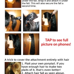 May include: A step-by-step guide on how to attach a hair extension to a ponytail. The image shows a woman's hair in a ponytail with a hair extension attached. The text in the image reads "Pick your hair piece attachment! Option 1: Basic Attachment" and "TAP to see full picture on phones!"
