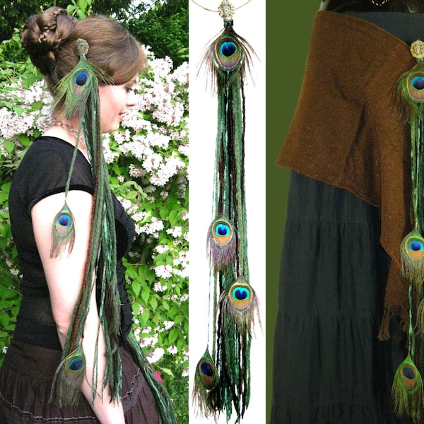 Tribal Fusion Belly Dance PEACOCK FEATHER hip hair TASSEL Forest Elf yarn falls Fantasy hip scarf adornment Green Fairy Renfair Larp costume