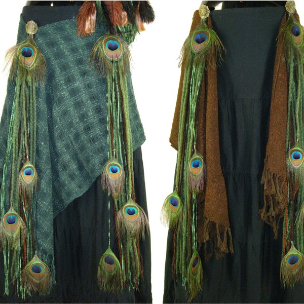 PEACOCK Feather Tribal Fusion "Forest Elf" HIP COMBINATION Fantasy Larp Reenactment Belly Dance costume Wrap skirt 2 x yarn falls extensions