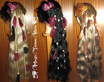 Gypsy feather hair falls YOUR HAIR COLOR Fantasy Magician costume hair extensions Gothic Witch hairpiece Tribal Fusion belly dance headpiece