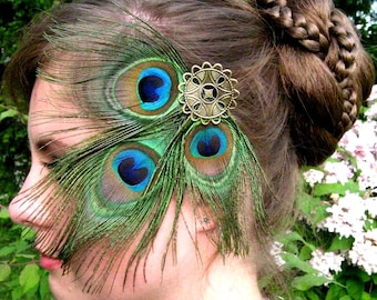 PEACOCK FEATHER FASCINATOR Tribal Fusion Belly Dance hair jewelry Larp elf fairy costume accessory barrette Fantasy Steampunk goth headpiece