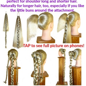 May include: A close-up of a hair extension attachment with two braids. The hair extension is attached to a hair tie and has two additional strands of open hair. The hair extension is shown on a mannequin head with a ponytail. The text "TAP to see full picture on phones!" is displayed below the image.