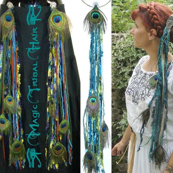 MERMAID YARN FALLS Belly dance costume Tribal fusion peacock feather accessory Boho hair jewelry Mermaid headpiece Teal turquoise blue green