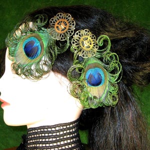STEAMPUNK PEACOCK headpiece 2 x Vintage gears peacock feather fascinator Neo Victorian hair piece Tribal Fusion Belly Dance hair jewelry image 7