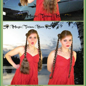 May include: Two women wearing red dresses with white polka dots. The women are wearing long brown hair extensions, one with the extensions down and the other with the extensions braided into two long braids. The image includes the text "Magic Tribal Hair".