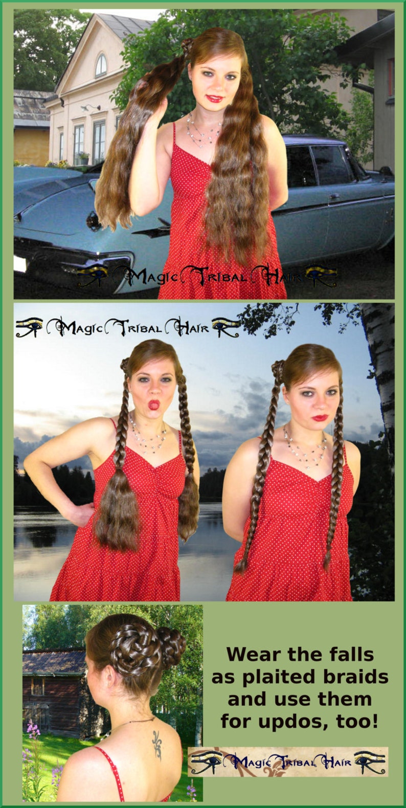 May include: Two women wearing red dresses with white polka dots. The women are wearing long brown hair extensions, one with the extensions down and the other with the extensions braided into two long braids. The image includes the text "Magic Tribal Hair".