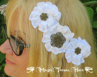 Satin Hair Flowers White Bronze Wedding Hair Jewelry Prom Accessory