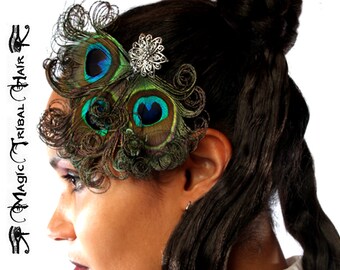PEACOCK FEATHER FASCINATOR Gothic belly dance hair jewelry Boho wedding bride headpiece Pinup rockabilly hair piece Tribal Fusion hair clip