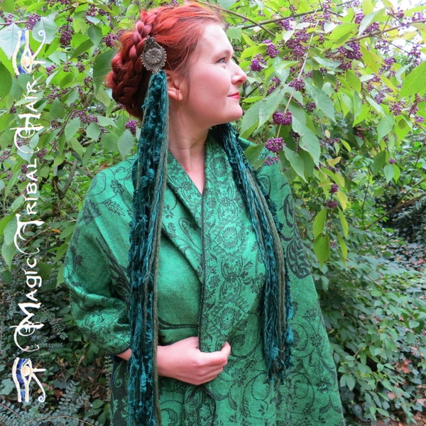 YARN FALLS "Emerald Fairy" Tribal Fusion Belly Dance hip tassels Larp costume accessory Elf Renfaire headpiece Forest Witch hair extensions