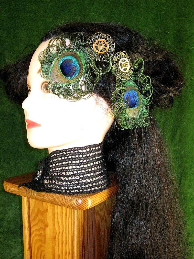 STEAMPUNK PEACOCK headpiece 2 x Vintage gears peacock feather fascinator Neo Victorian hair piece Tribal Fusion Belly Dance hair jewelry image 6