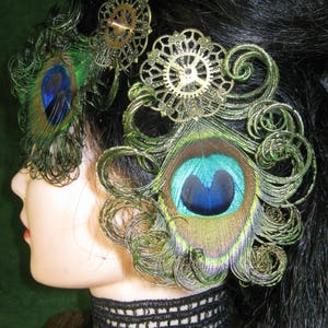 STEAMPUNK PEACOCK headpiece 2 x Vintage gears peacock feather fascinator Neo Victorian hair piece Tribal Fusion Belly Dance hair jewelry image 8