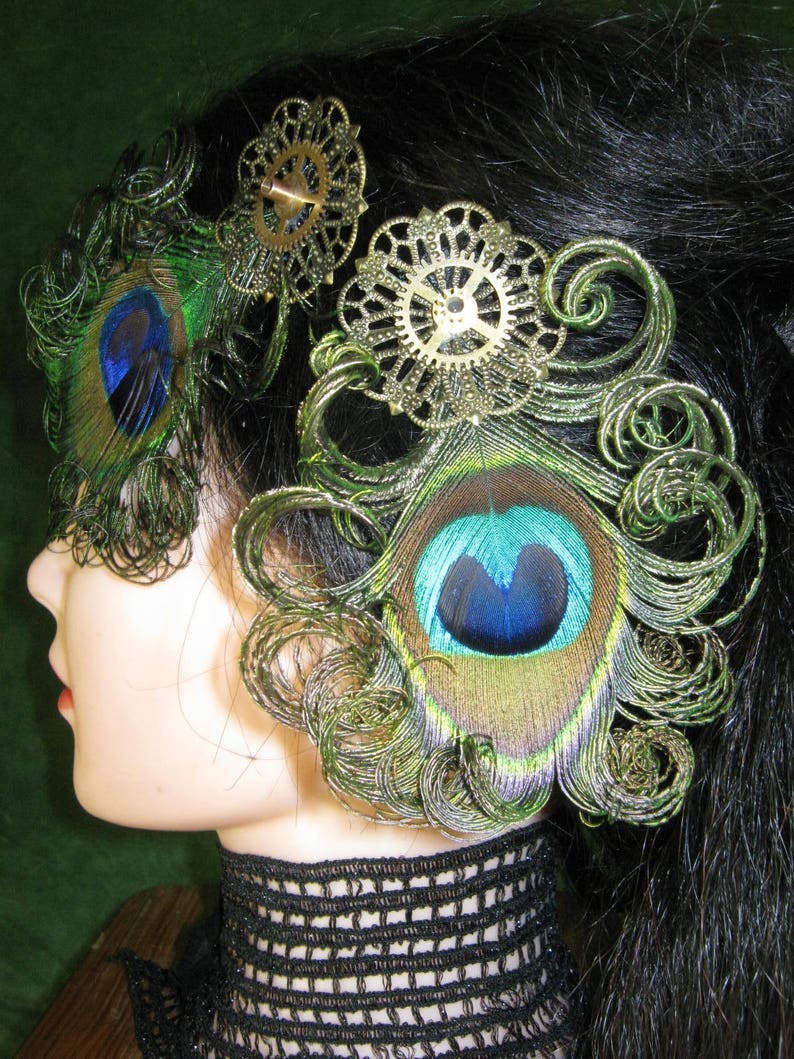 STEAMPUNK PEACOCK headpiece 2 x Vintage gears peacock feather fascinator Neo Victorian hair piece Tribal Fusion Belly Dance hair jewelry image 8