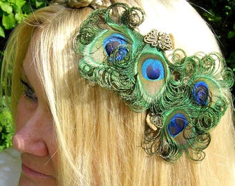 2 x PEACOCK feather HEAD PIECE Bride fascinator Bridesmaids hair clip barette Wedding hair jewelry Flower Girl adornment Baroque Renaissance