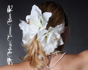 2x TOCADO DE FLORES "Vintage Amaryllis" Joyería para el cabello de fantasía para BODA Accesorio para novia Tocado de danza del vientre de fusión tribal de hadas