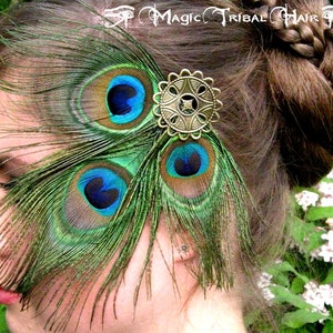 PEACOCK FEATHER FASCINATOR Tribal Fusion Belly Dance hair jewelry Larp elf fairy costume accessory barrette Fantasy Steampunk goth headpiece image 1