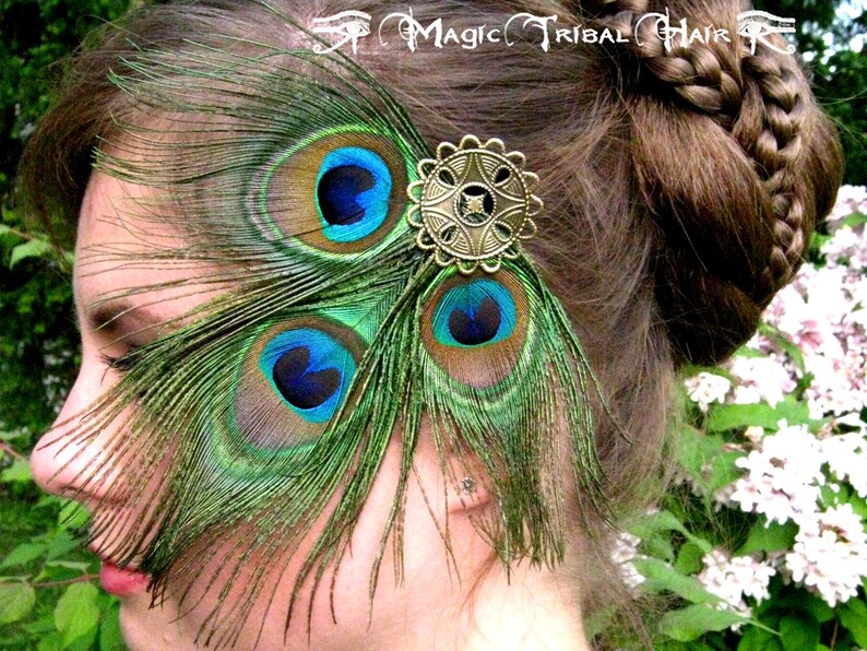 PEACOCK FEATHER FASCINATOR Tribal Fusion Belly Dance hair jewelry Larp elf fairy costume accessory barrette Fantasy Steampunk goth headpiece image 1