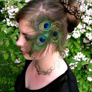 PEACOCK FEATHER FASCINATOR Tribal Fusion Belly Dance hair jewelry Larp elf fairy costume accessory barrette Fantasy Steampunk goth headpiece image 3