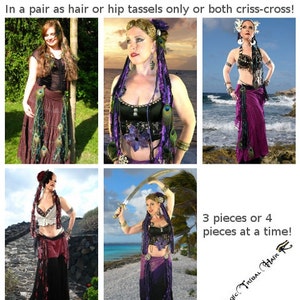 May include: A collage of images showing different ways to wear peacock feather hair and hip tassels. The text in the image reads "How to wear hip & hair tassel clips! Single as hip/belt tassel or hair fall! In a pair as hair or hip tassels only or both criss-cross! 3 pieces or 4 pieces at a time! As a set with a matching dread or yarn fall!"