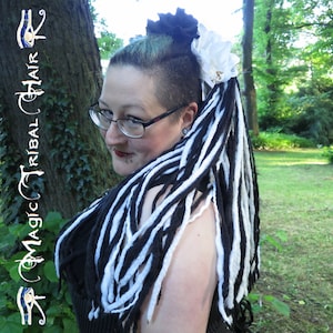 GOTH DREAD FALLS Witch costume dreadlocks 112 platinum blonde black wool dreads 24&#39;&#39; Steampunk pirate hairpiece Gothic Vampire ponytail