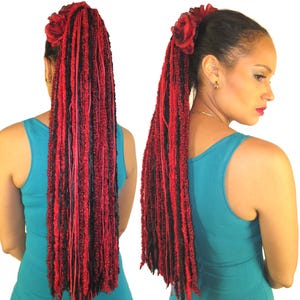 YARN HAIR FALLS &quot;Red Passion Glamour&quot; Tribal Fusion hair piece Gothic Lolita & Belly Dance hair extension Red Black fantasy yarn dreads