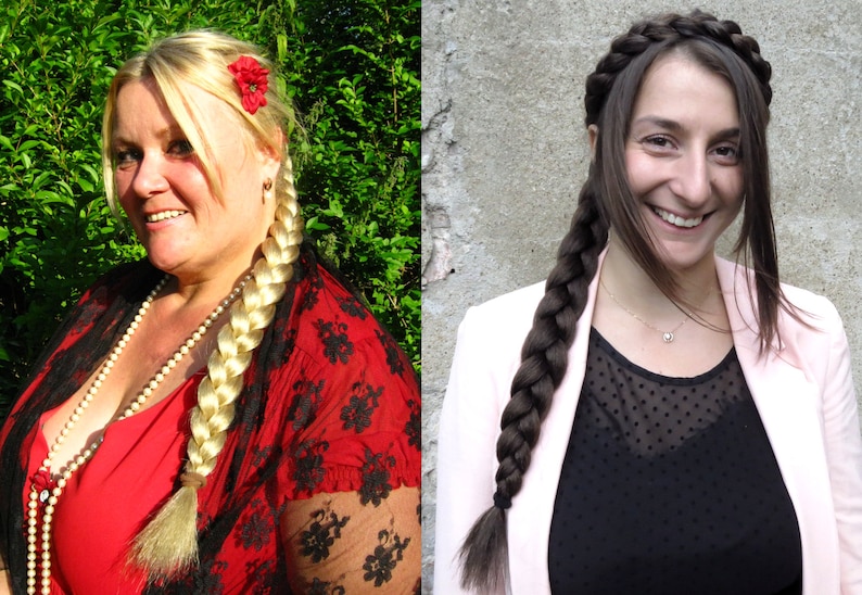 May include: Two women with long braids. The woman on the left has blonde hair with a red flower in her hair and is wearing a red and black dress with a pearl necklace. The woman on the right has brown hair and is wearing a pink blazer over a black polka dot shirt.