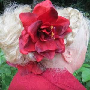 Dark red hair flowers 2 amaryllis hair clips Gift for hippie mom Wedding flower headpieces Flamenco & tribal fusion belly dance hair jewelry image 6