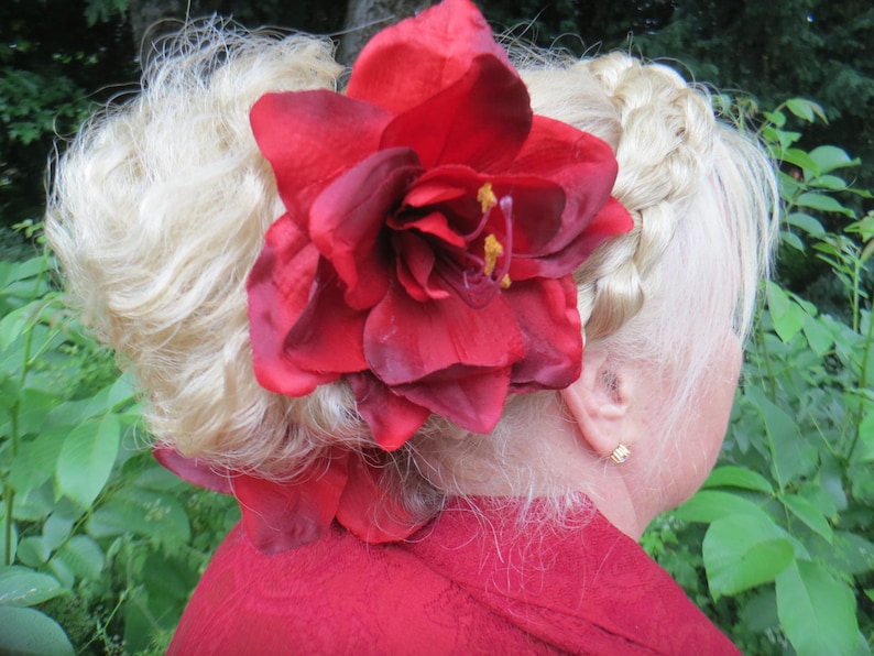 Dark red hair flowers 2 amaryllis hair clips Gift for hippie mom Wedding flower headpieces Flamenco & tribal fusion belly dance hair jewelry image 6
