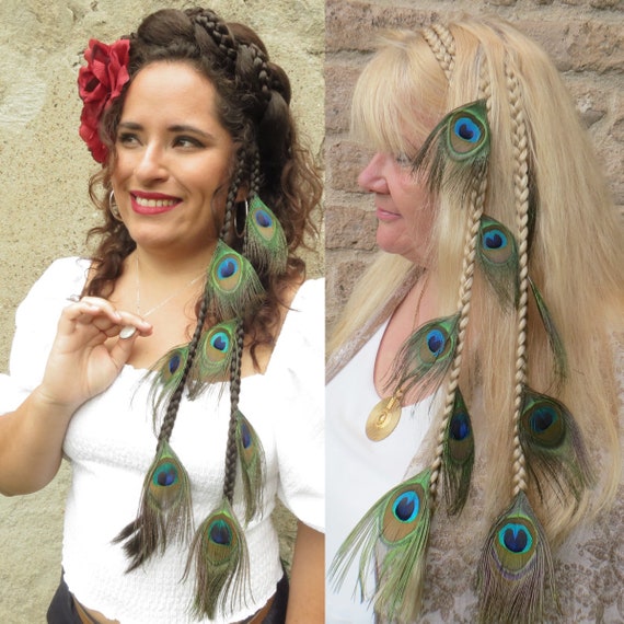 Peacock Wedding Hairpiece YOUR HAIR COLOR Boho Bride Hair Extension Peacock Feather Braids Fairytale Wedding Hair Jewelry Elf Fairy Bride Etsy