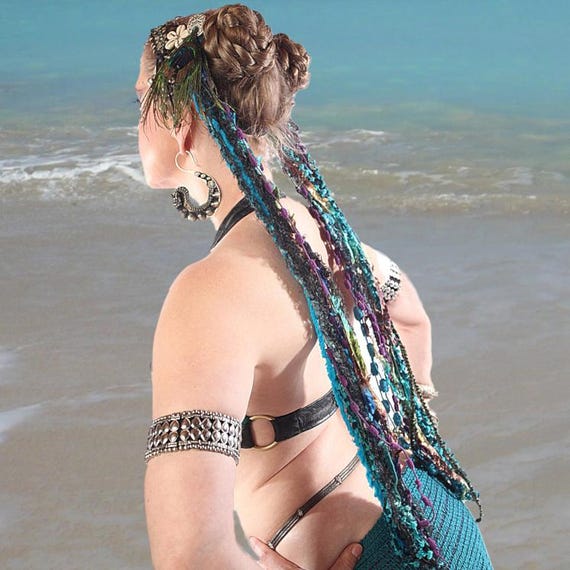 Tribal Fusion MERMAID fantasy TASSELS for belt & hair "New Paradise" - peacock colours - Belly Dance costume accessory garb Yarn Falls wig