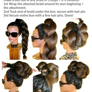 May include: A step-by-step guide on how to make a bun out of a braid in 3 easy steps. The image shows a mannequin with long brown hair, demonstrating the process of wrapping the braid around itself, tucking the end under the bun, and securing it with hair pins.