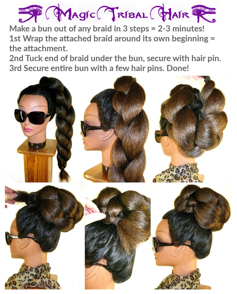 May include: A step-by-step guide on how to make a bun out of a braid in 3 easy steps. The image shows a mannequin with long brown hair, demonstrating the process of wrapping the braid around itself, tucking the end under the bun, and securing it with hair pins.