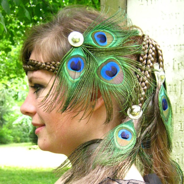 Peacock Feather Fascinator Silver Button Tribal Belly Dance Hair Clip