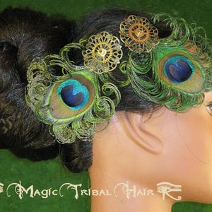 STEAMPUNK PEACOCK headpiece 2 x Vintage gears peacock feather fascinator Neo Victorian hair piece Tribal Fusion Belly Dance hair jewelry image 1