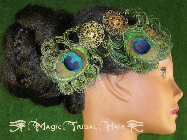 STEAMPUNK PEACOCK headpiece 2 x Vintage gears peacock feather fascinator Neo Victorian hair piece Tribal Fusion Belly Dance hair jewelry image 1