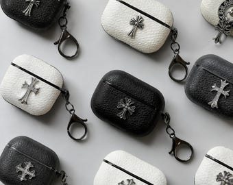 Funda de cuero para AirPods con colgante de cruz, llavero gótico para AirPods Pro, funda de cuero sintético en blanco y negro para AirPods 1, 2, 3, 4, Pro 2, 3, regalo