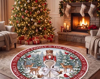 May include: A round Christmas tree skirt featuring a winter forest scene with a central nutcracker, deer, and squirrels. The border is red with the text THE SMITH FAMILY repeated. It includes two white satin bows for closure.