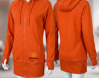 Women's Longline Zip-Up Hoodie, French Terry Sweatshirt Dress, Slim Fit Y2K Streetwear Jacket with Thumbholes, Athleisure Gym Cover Up