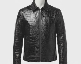 Chaqueta de motociclista de piel de cocodrilo hecha a mano – Piel exótica negra, corte a medida