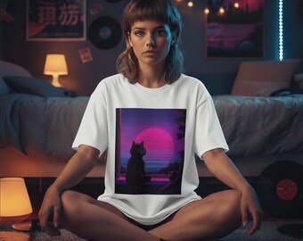 Camiseta retro synthwave con gato – Camiseta gráfica de ramen al atardecer estilo lo-fi