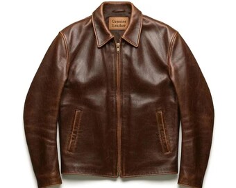 Chaqueta bomber de piel auténtica marrón desgastada: estilo motero retro clásico