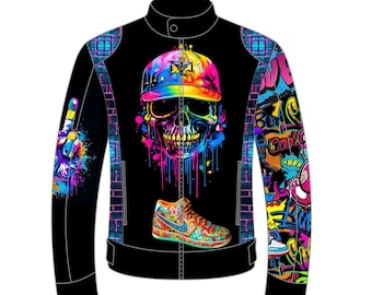 Custom Graffiti Skull Leather Jacket – Handpainted Neon Streetwear Bomber