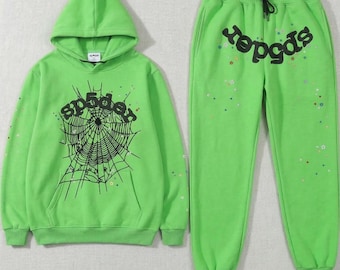 Chándal estilo telaraña Sp5der / Conjunto de sudadera con capucha y pantalones deportivos estilo streetwear Y2K