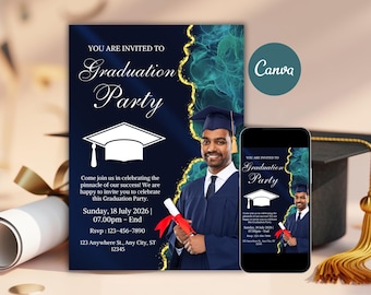 Plantilla editable de invitación para fiesta de graduación / Invitación con foto en dorado y azul marino (descarga digital)