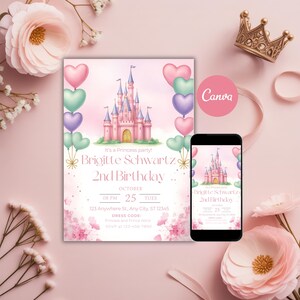 Plantilla de invitación de cumpleaños de princesa / Castillo rosa, tarjeta editable en Canva (descarga digital)