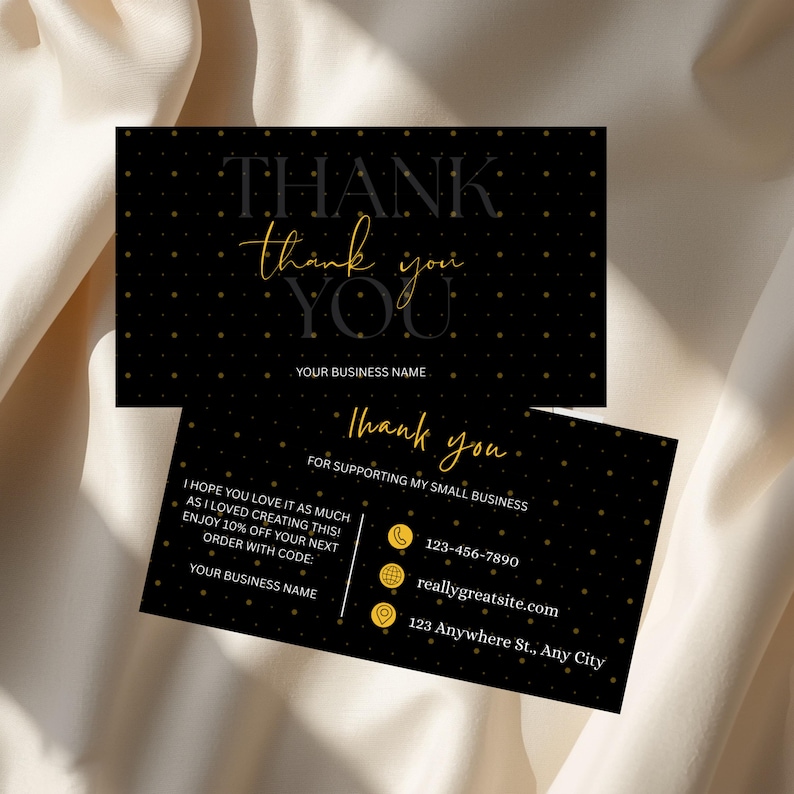 Black and Gold Thank You Cards, Canva Business Card Template (digital ...